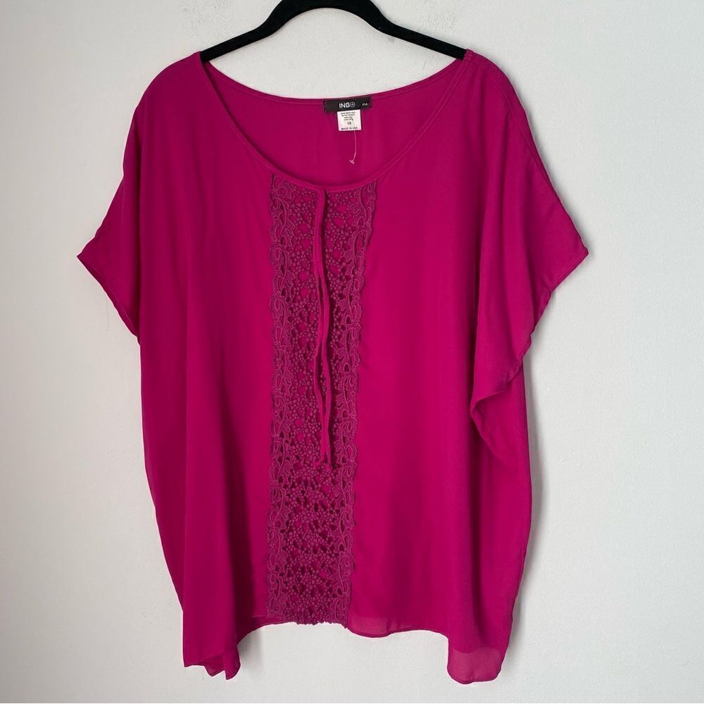 ING Women’s Scoop Neck Short Sleeve Lace Detail Cap Sleeve Fuchsia Blouse 1X